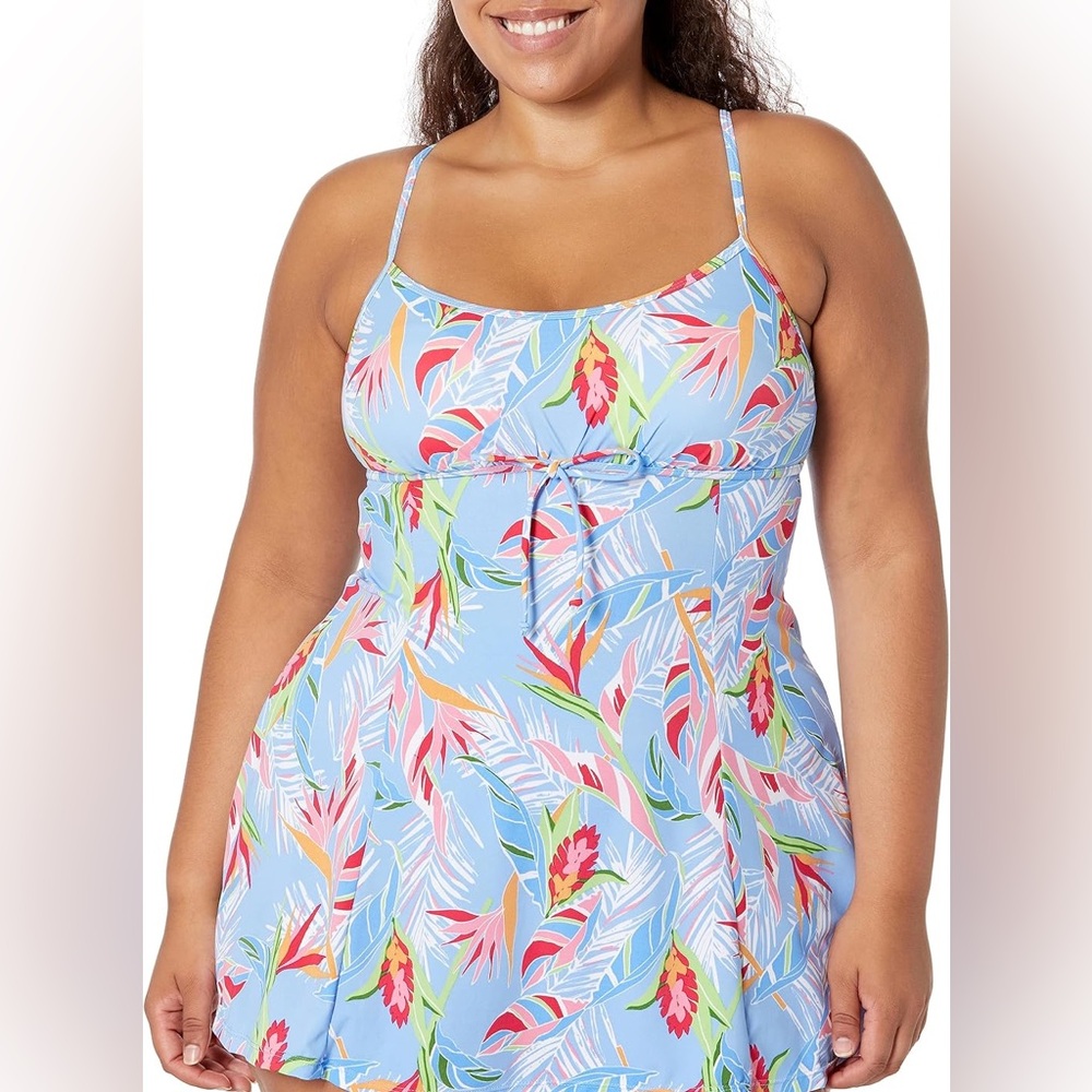 Fit4U Floral Blue MultiColor Tropical Print Smocked Dress Swimsuit 22W